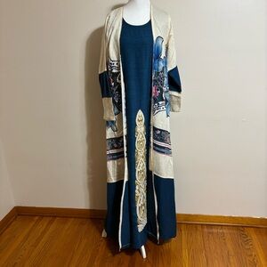 Elegant Blue and Cream Maxi Dress with Floral Kimono Style Cardigan